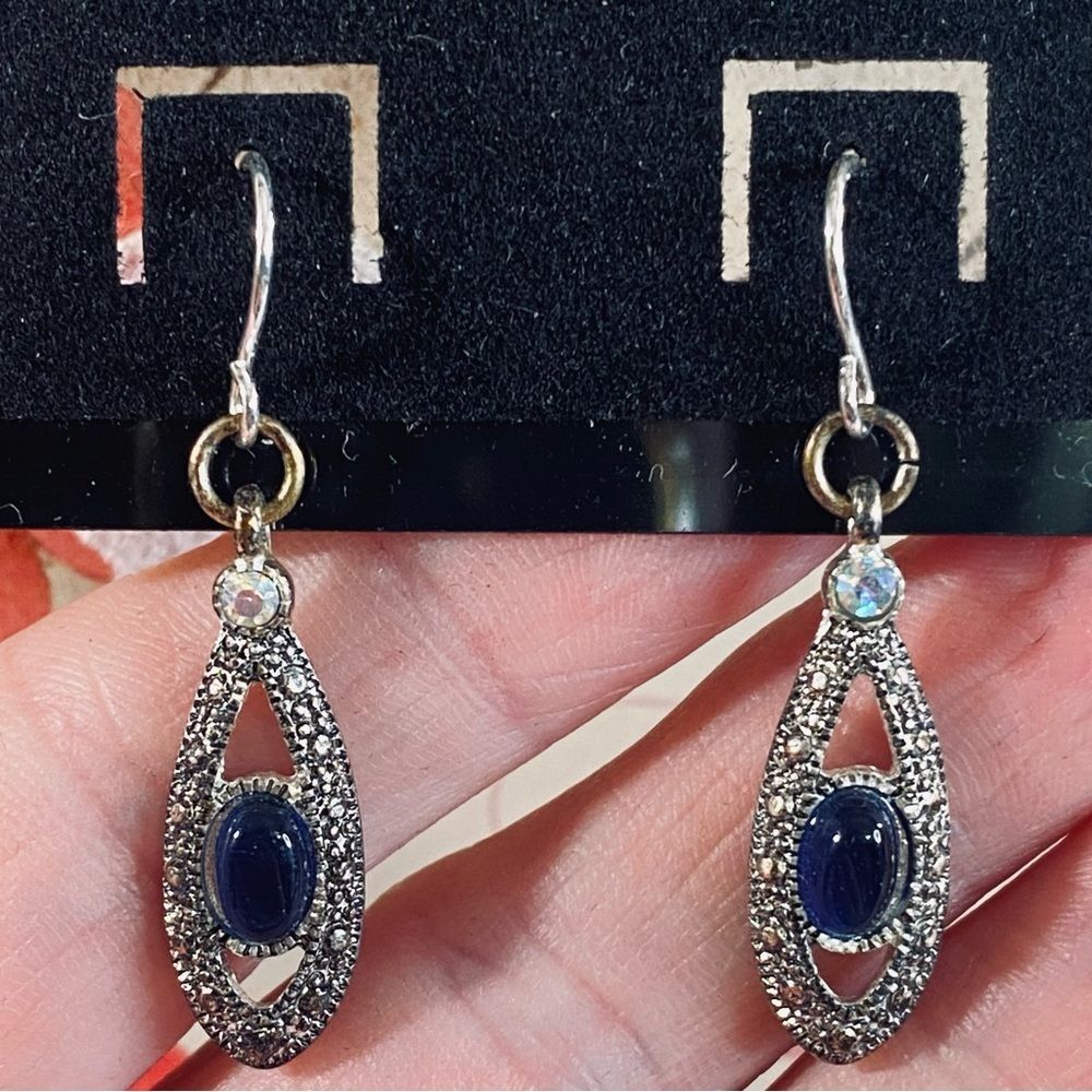 Elegant Dangle Teardrop Earrings Silver Blue Rhinestone Accents Delicate Dainty
